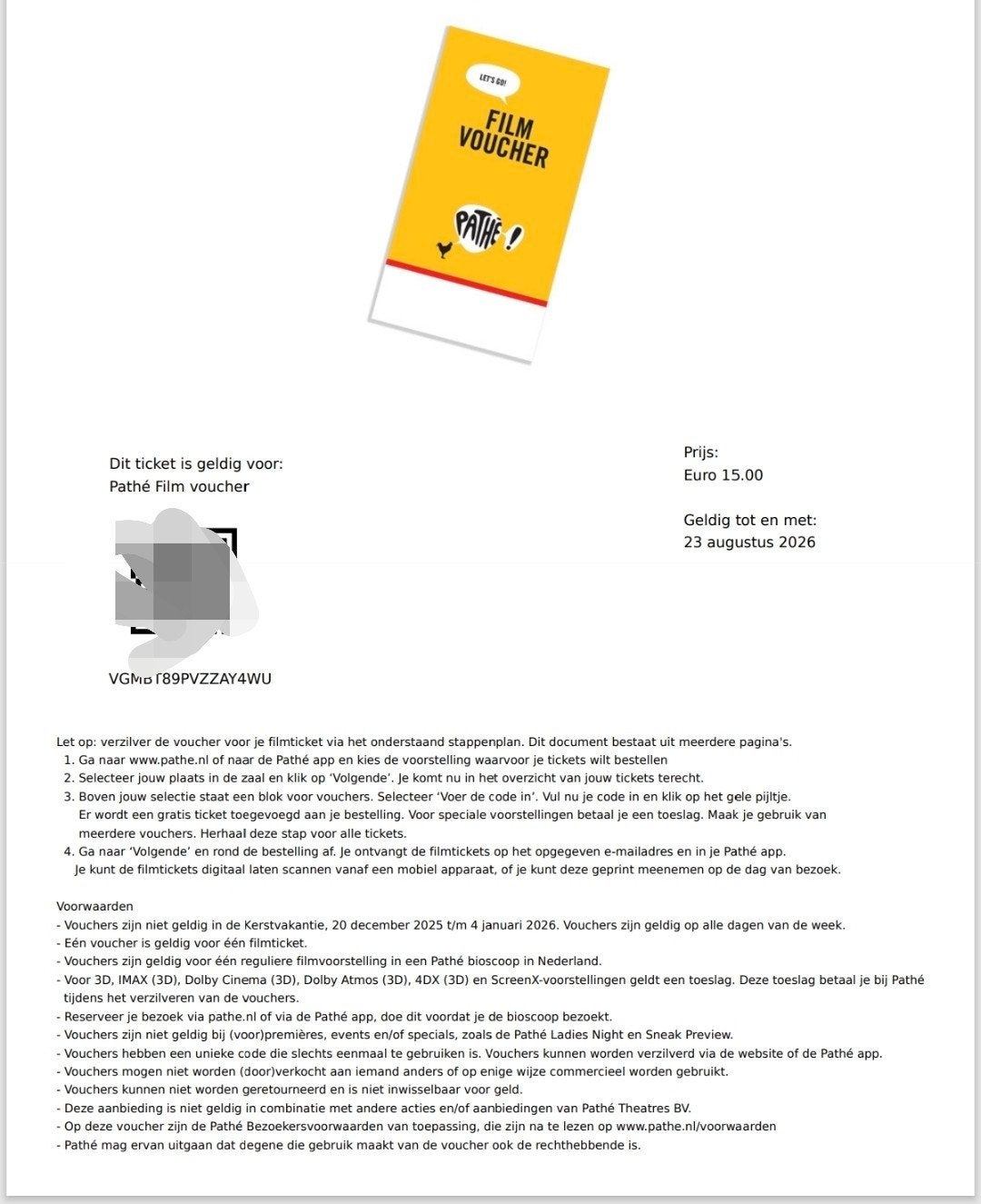 Pathe filmkaartjes bioscooptickets 2 stuks, Eén persoon, Vrijkaartje specifieke film