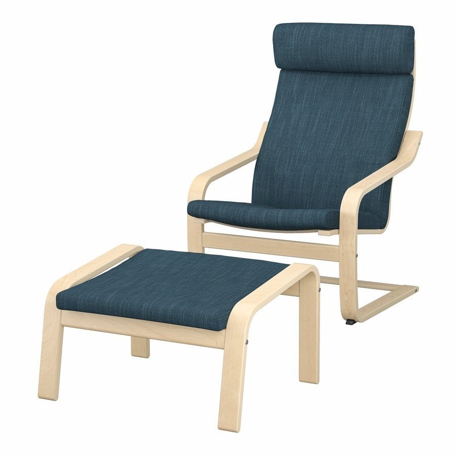 IKEA Poäng fauteuil met voetenbank - Blauw, Ophalen, Modern, Scandinavisch, Blauw, Zo goed als nieuw