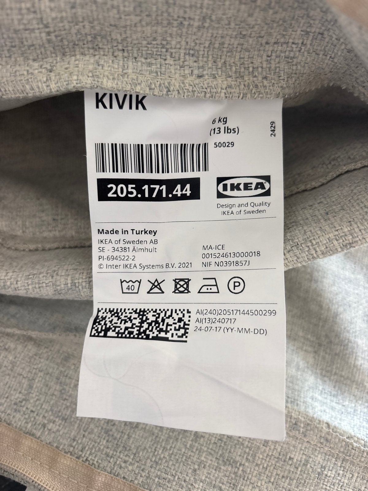 IKEA KIVIK 205.171.44 (6x) hoezen 3 zits bank, Ophalen of Verzenden, Gebruikt, Wit, Vierkant