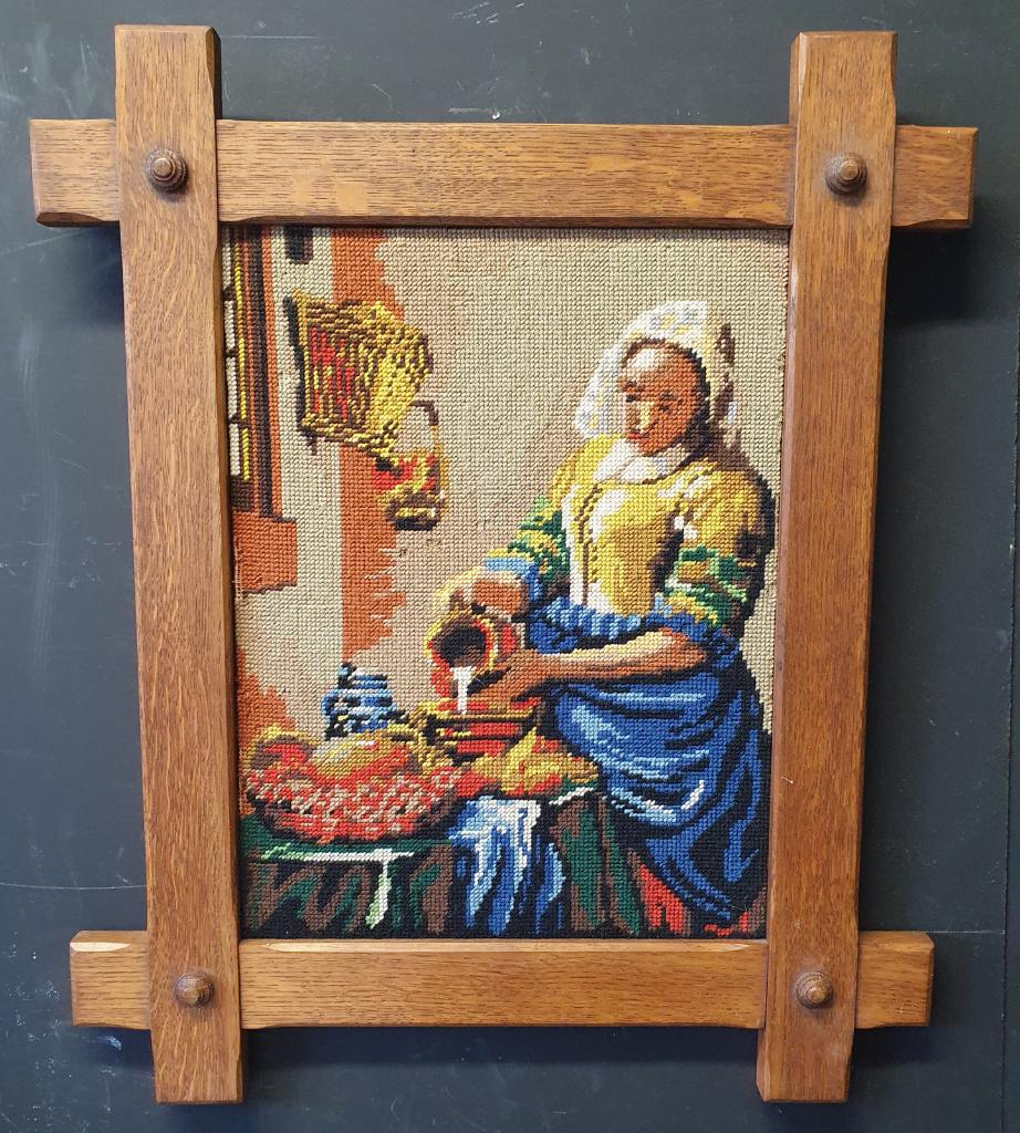 2233 Borduurwerk Vermeer Melkmeisje houten lijst swiet, Ophalen of Verzenden, Gebruikt, Patroon