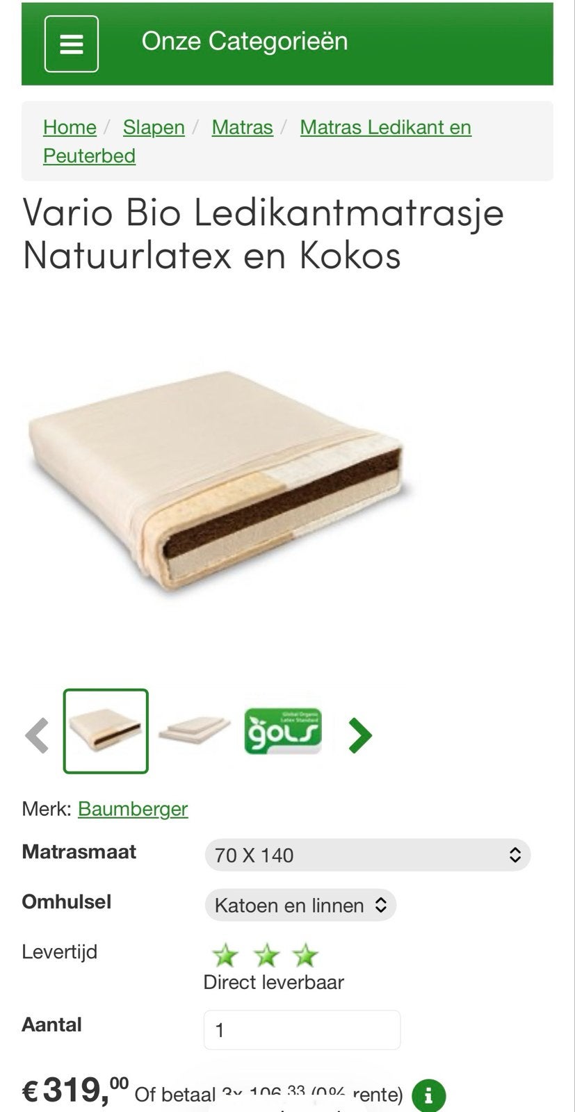 Vario Bio Ledikantmatrasje Natuurlatex en Kokos 70x140, Ophalen, 70 cm of minder, Nieuw, 190 cm of minder