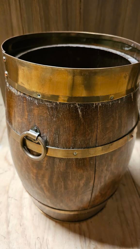 Vintage houten vat, paraplubak met koper banden, Ophalen