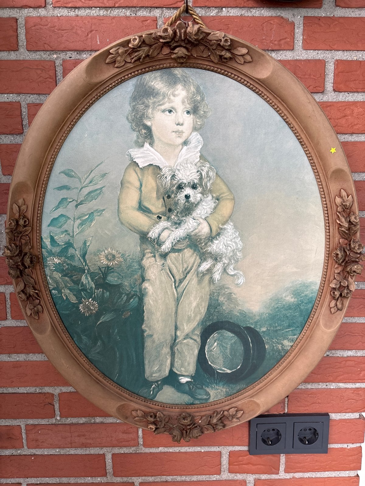 Antieke prent jongen met hond in ovale lijst, Ophalen, Portret of Personen, Klassiek, Print