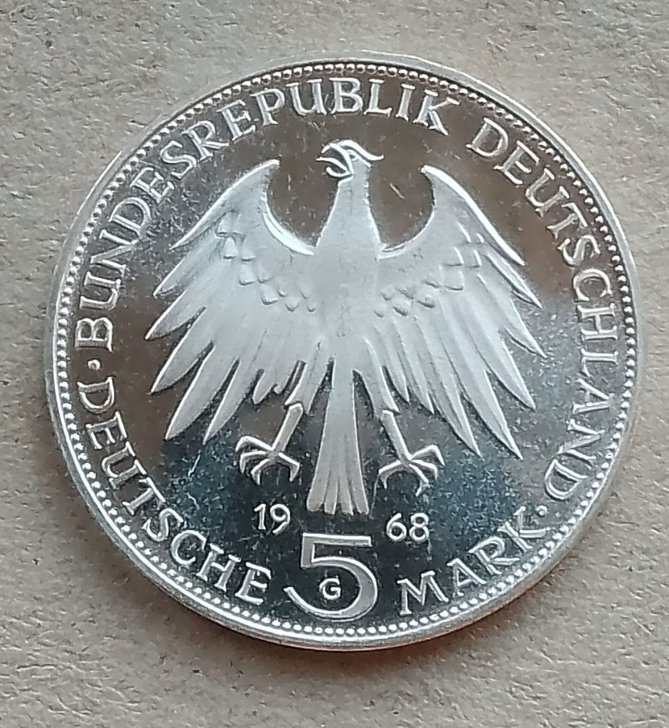 Duitsland, 5 mark 1968 G, Ophalen of Verzenden, Duitsland, Losse munt, Zilver