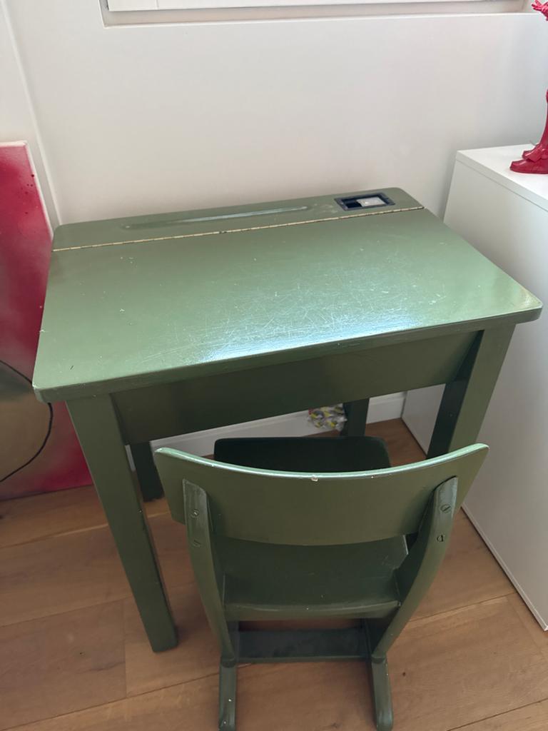 Vintage kinderbureau met stoel - Legergroen, Ophalen