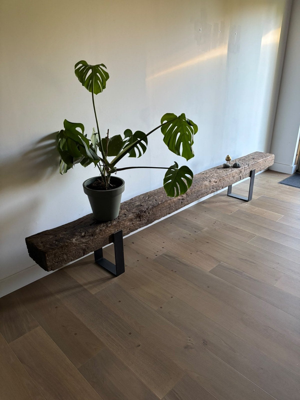 Robuuste houten bank met metalen onderstel 303 cm!, Ophalen, Zo goed als nieuw, Metaal, Rustiek, Industrieel