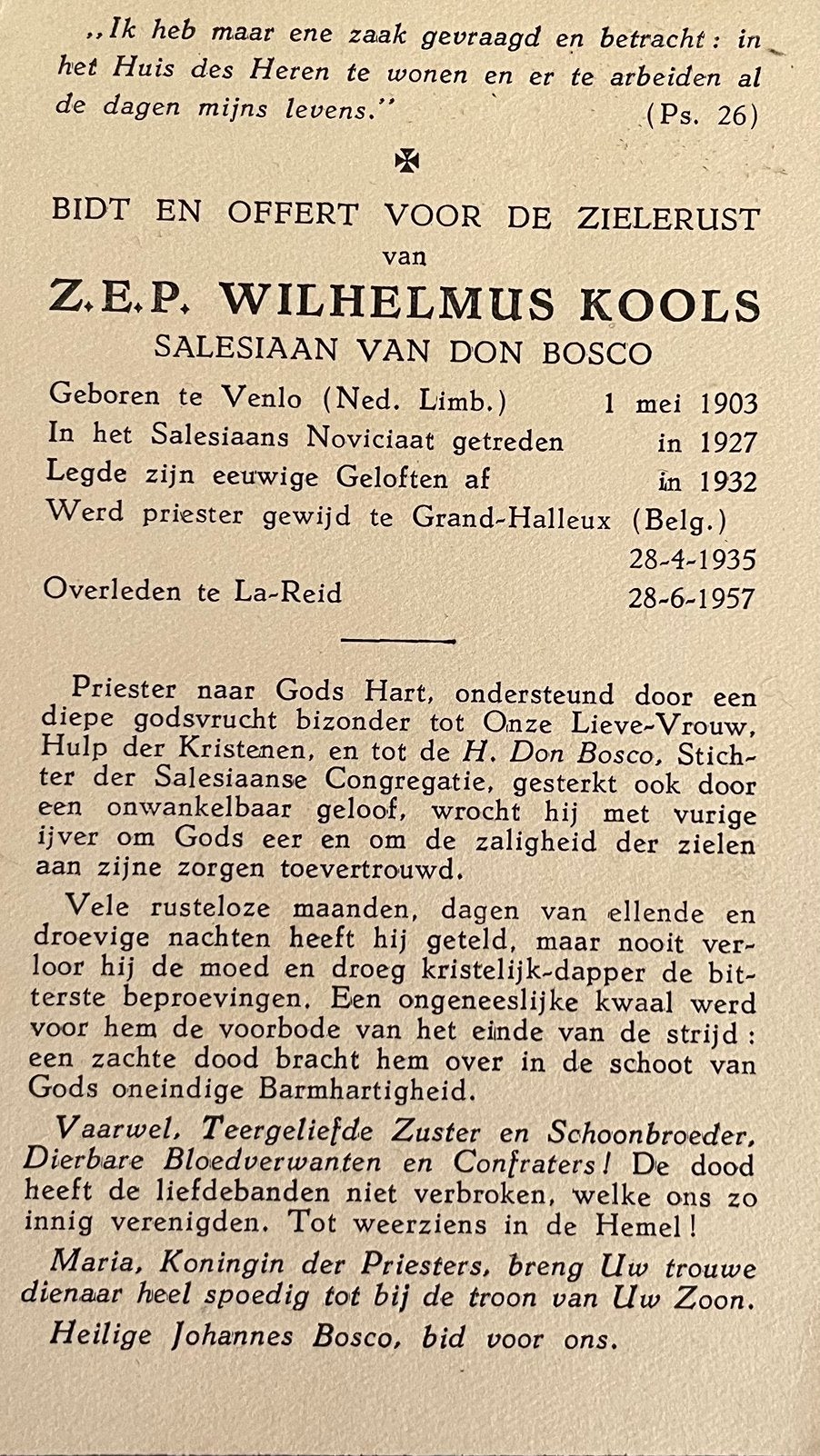Z.E.P.Wilhelmus .Kools 1903 Venlo, Verzamelen, Bidprentjes en Rouwkaarten, Ophalen of Verzenden