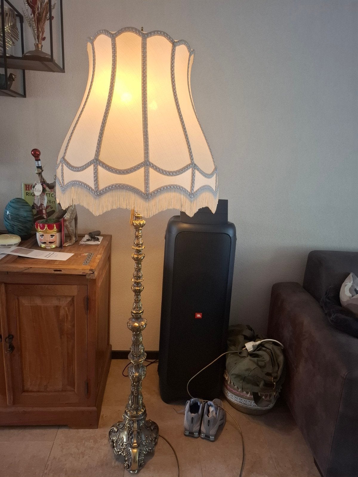 Antieke bronzen staande lamp met stoffen kap, Ophalen of Verzenden