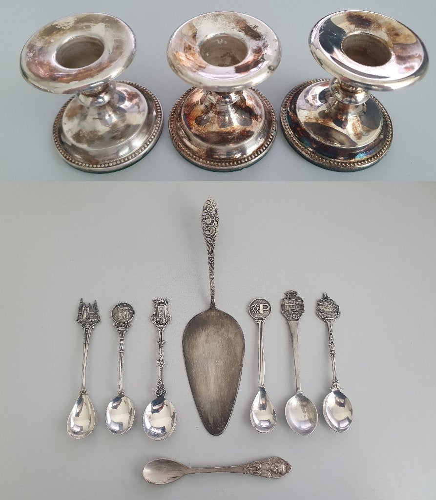 SOLA Taartschep + Lepeltjes verzilverd (7x) + Kandelaar (3x), Antiek en Kunst, Verzenden