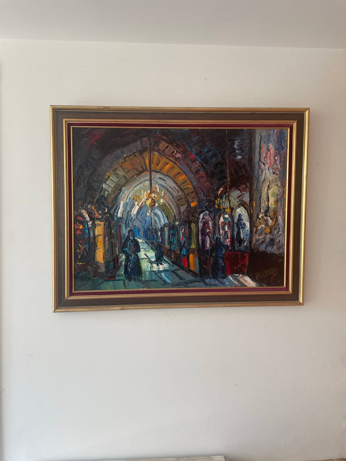 Olieverfschilderij van kerkinterieur met figuren, Ophalen, Doek, Expressionistisch, Handgeschilderd