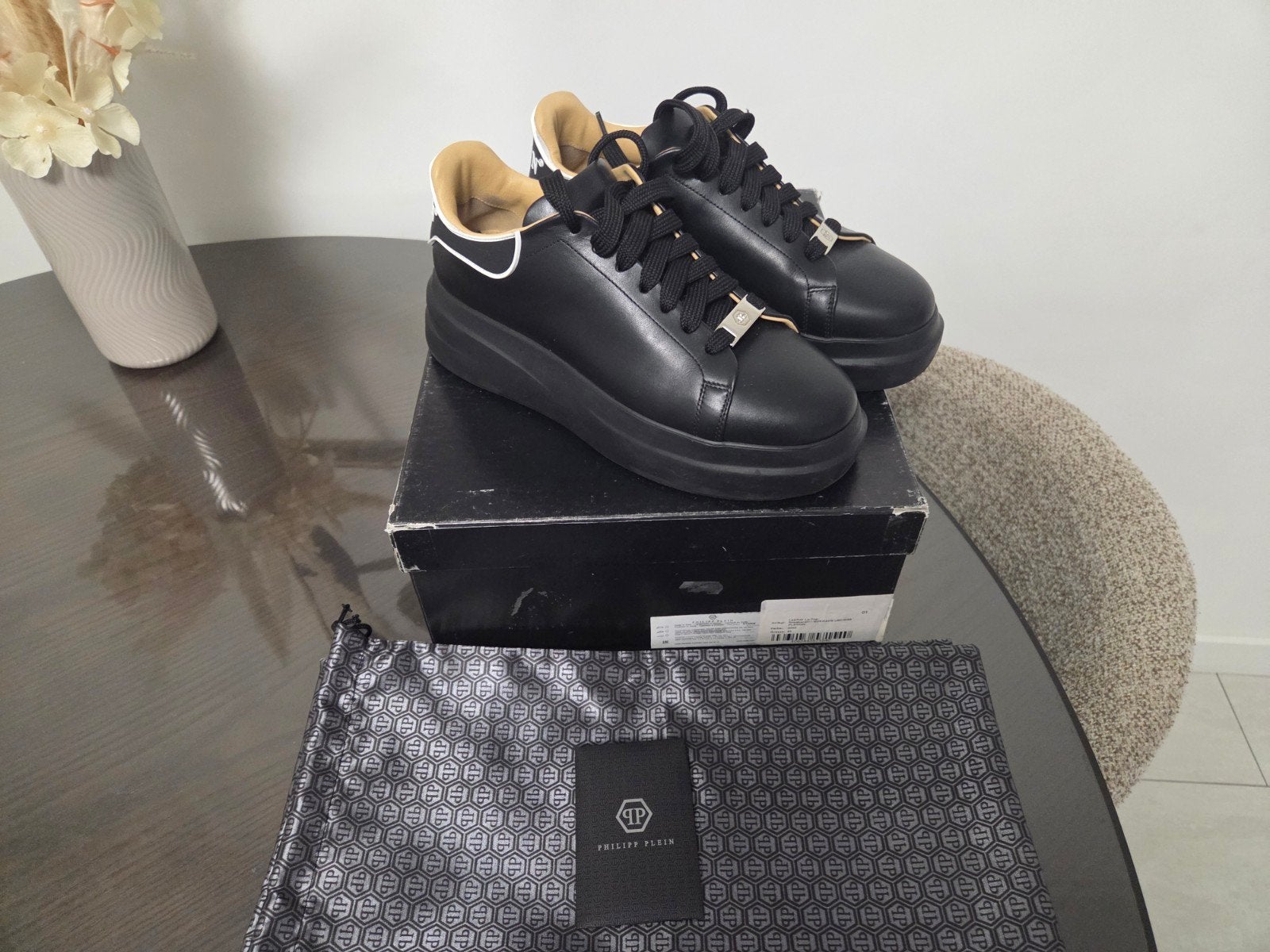 Philipp Plein Leather Lo-Top Sneakers - Maat 40, Zwart, Nieuw, Ophalen of Verzenden, Phill