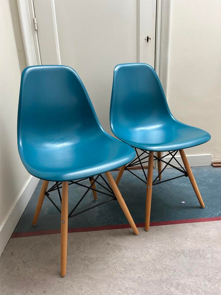 Set van 2 blauwe stoelen met houten poten, Ophalen, Gebruikt, Twee, Hout
