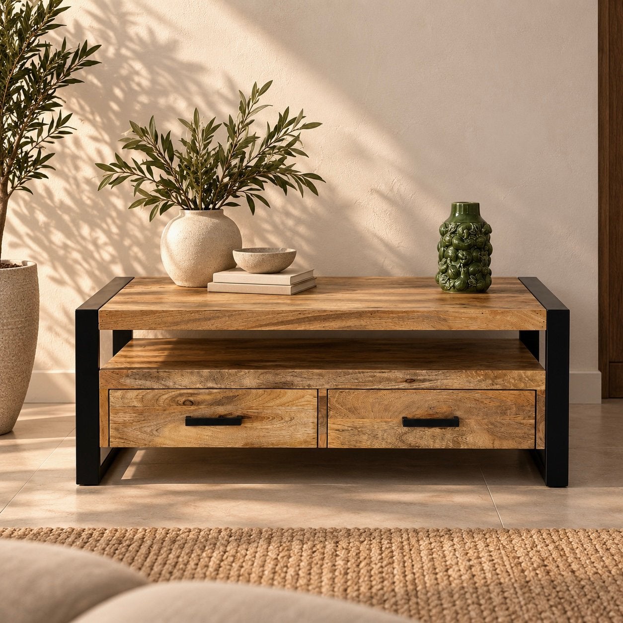 Magazijn Leegverkoop | Salontafel Britt mangohout 2 lades, Overige houtsoorten, 100 tot 150 cm, Nieuw, Info@wkhome.nl