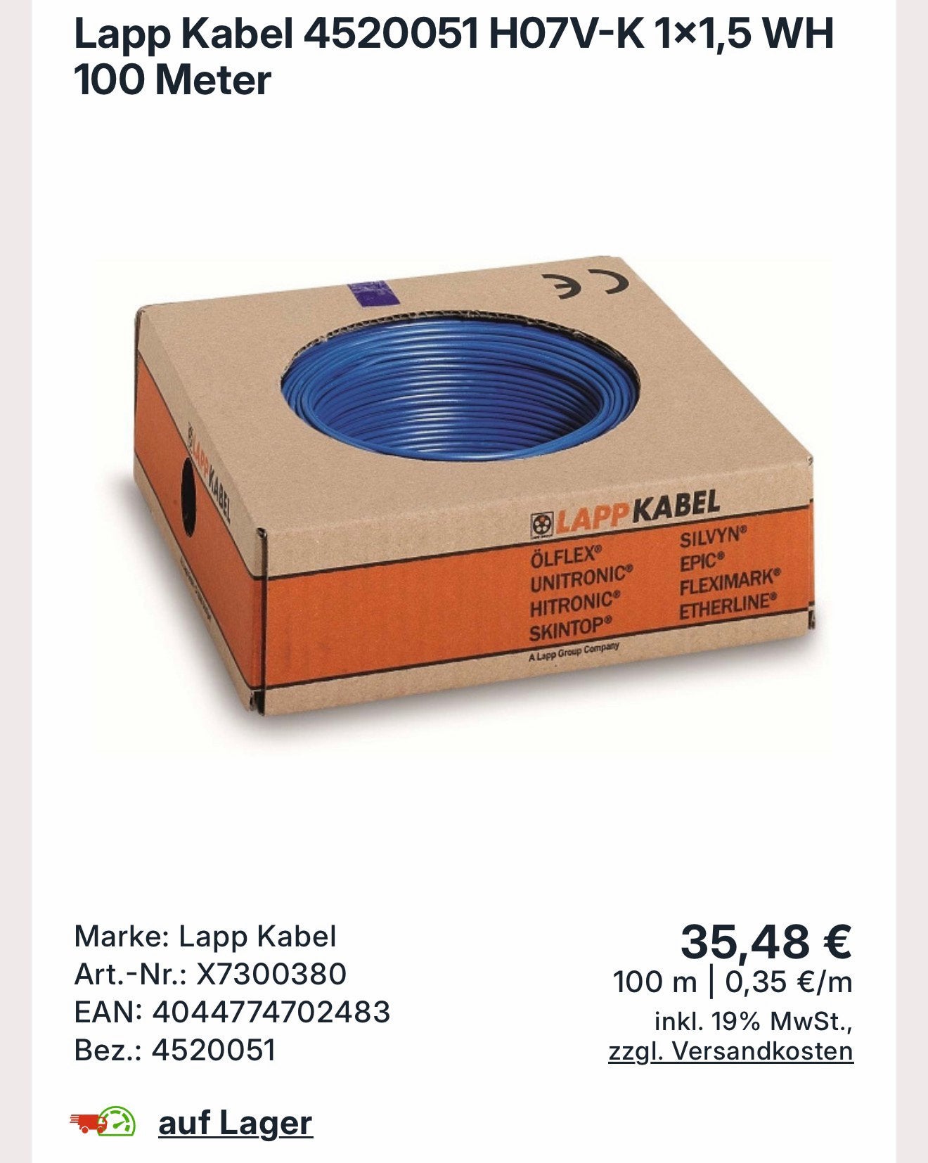 1400 Meter H07V-K Stroomkabel 1x1.5mm² Diverse Kleuren, Doe-het-zelf en Verbouw, Elektra en Kabels, Ophalen, Nieuw, Overige merken