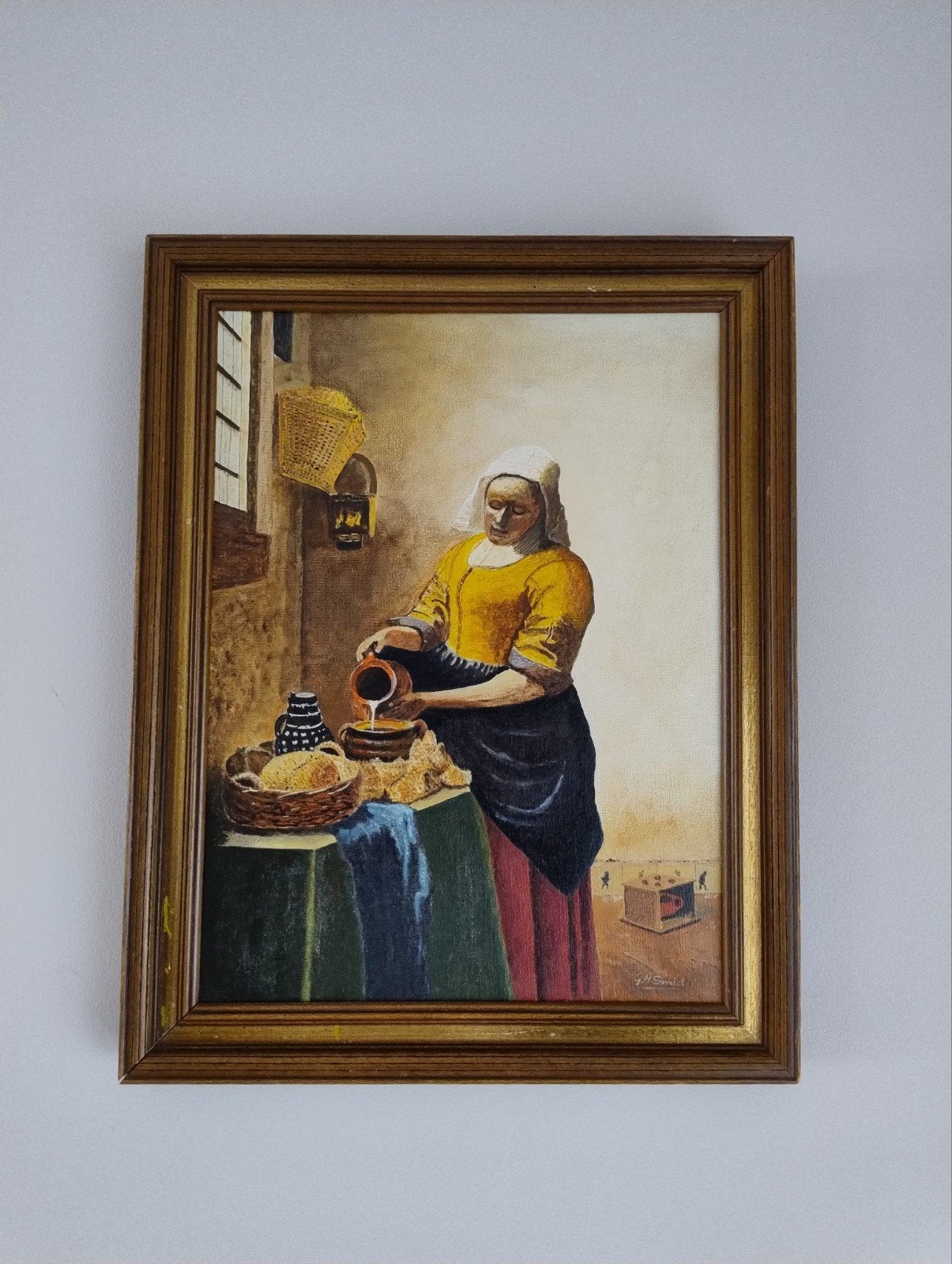 Schilderij 'Het Melkmeisje' naar Vermeer, gesigneerd, Ophalen of Verzenden
