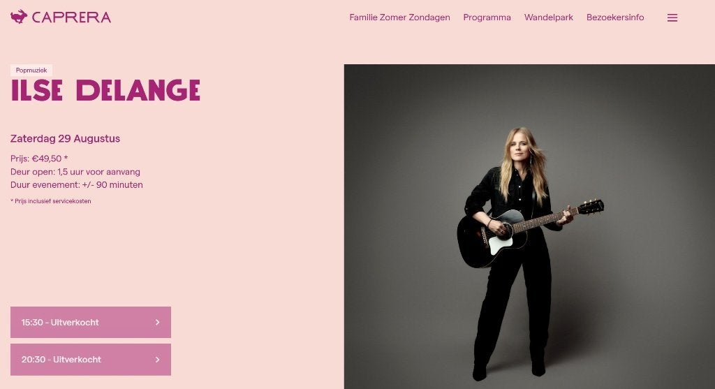 3 kaartjes Ilse DeLange Concert Caprera Bloemendaal, Tickets en Kaartjes, Drie personen of meer, Augustus, Pop