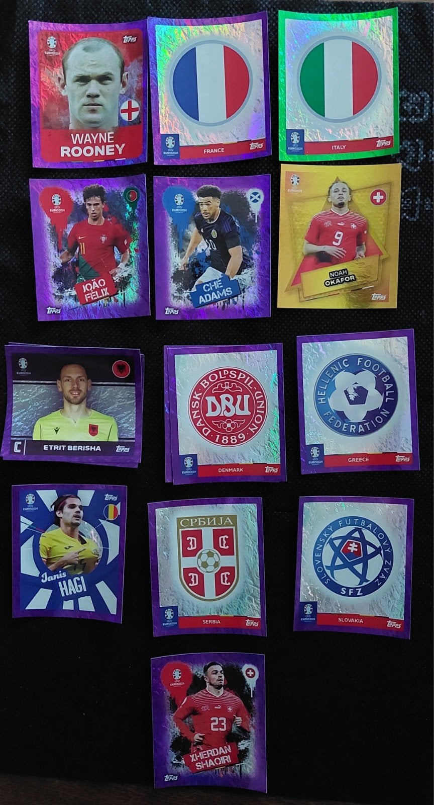 Topps Euro 2024 parallel stickers lila/paars/groen + SP, Ophalen of Verzenden, Zo goed als nieuw, Buitenlandse clubs, Poster, Plaatje of Sticker