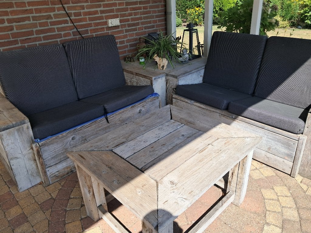 Twee Lounge banken van oud steigerhout voor buiten, Ophalen, Gebruikt, 150 tot 200 cm, Hoekbank