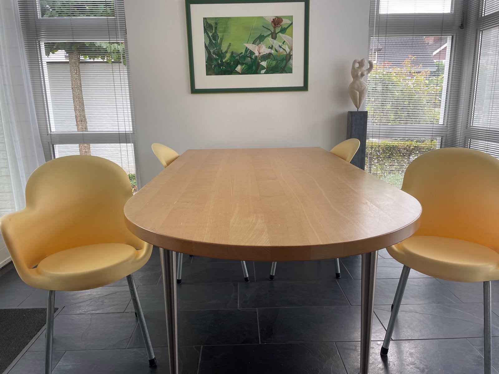 Beukenhouten tafel gebruikt met 4 stoelen, Ophalen, 50 tot 100 cm, Zo goed als nieuw, Vijf personen of meer