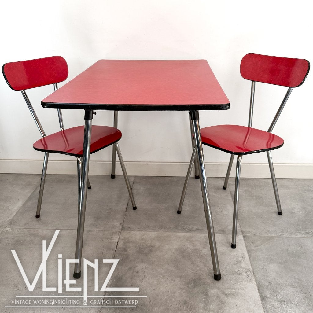 Vintage Midcentury formica tafel en twee stoelen rood, Ophalen, Huis en Inrichting