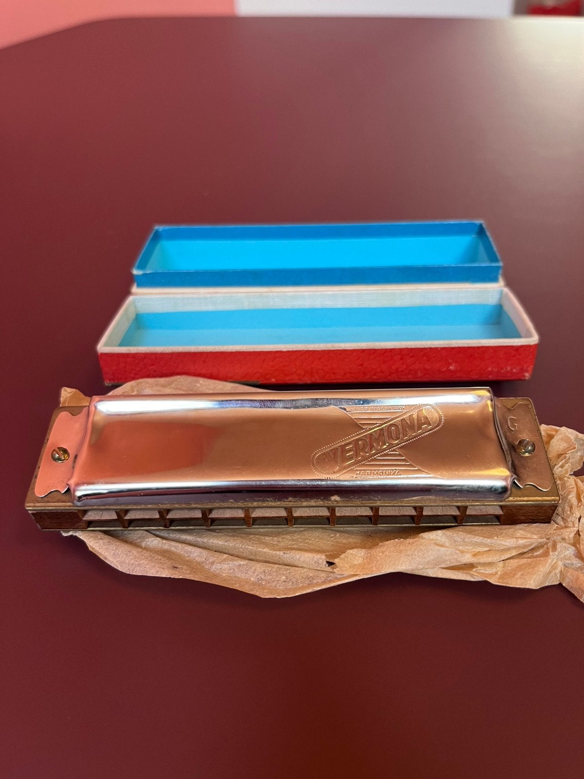 Vintage Vermona mondharmonica G – Made in Germany + doosje, Overige typen, Ophalen of Verzenden, Zo goed als nieuw, Met koffer of doosje