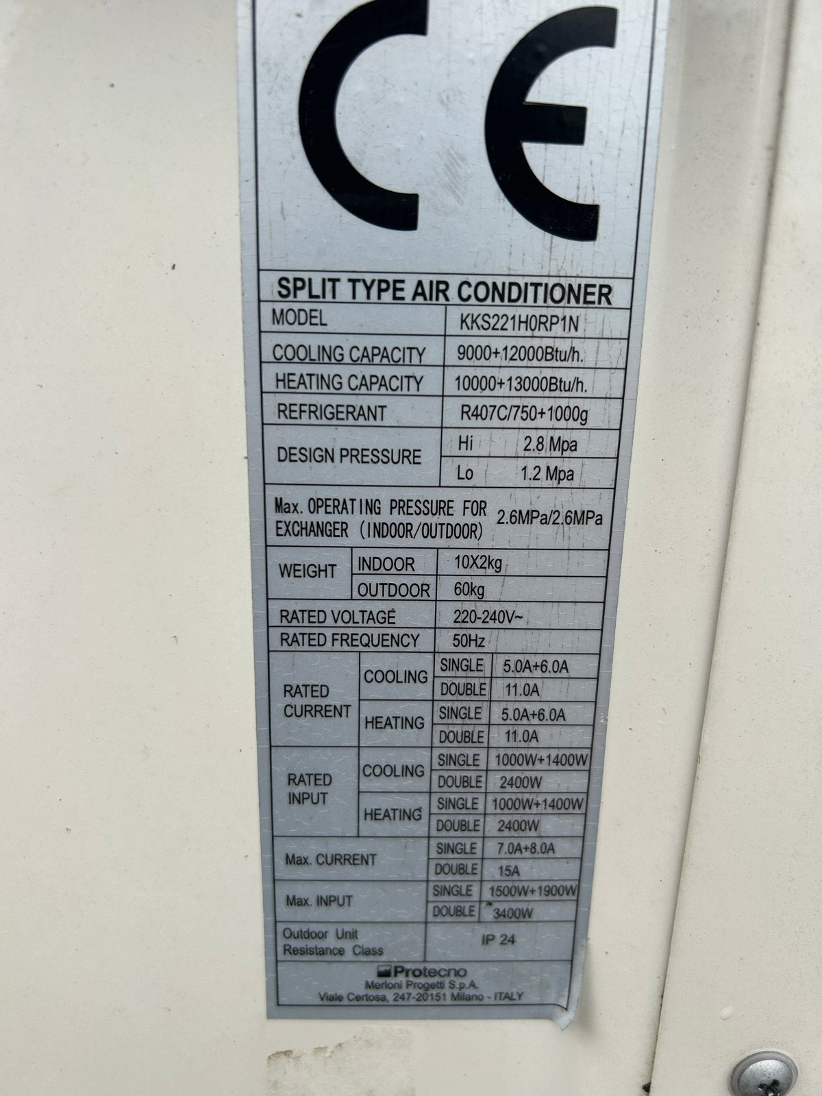 Protecno Dual Split Type Airconditioner KKS221H0RP1N, Ophalen, Gebruikt, 3 snelheden of meer, Energieklasse A of zuiniger