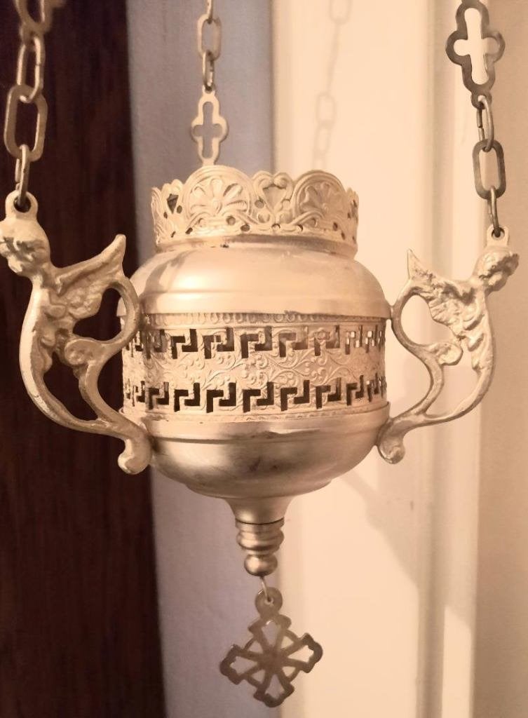 Antiek goudverguld koper godslampje met engelen kopjes, Ophalen of Verzenden, Gebruikt, Glas