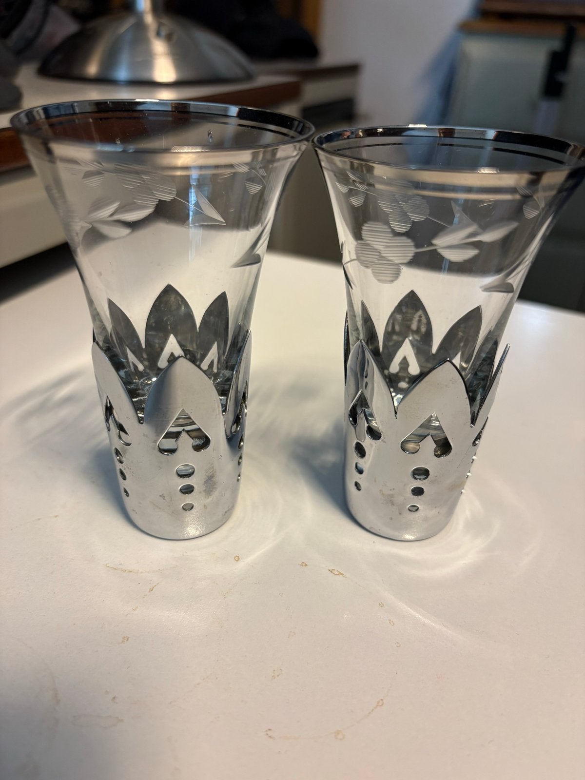 Set van 2 vintage borrelglaasjes met zilveren houder, Verzamelen, Ophalen of Verzenden, Gebruikt, Borrel- of Shotglas