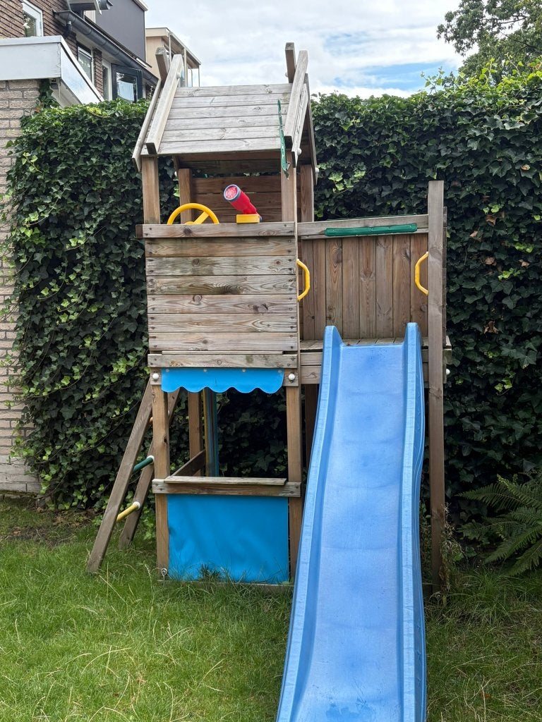 Jungle Gym Resort Speeltoestel met Glijbaan (Douglas hout), Ophalen, Gebruikt, Klimwand