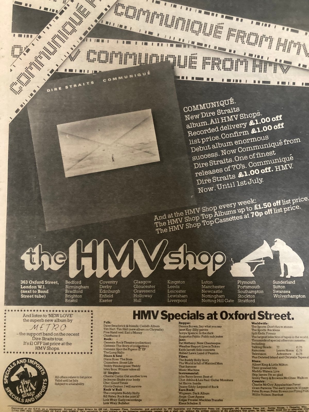 Paginagrote A3 advertentie DIRE STRAITS Communique release, Verzamelen, Posters, Ophalen of Verzenden, Zo goed als nieuw, A1 t/m A3