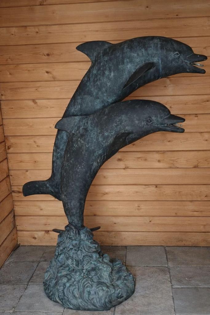 Bronzen dolfijnen sculptuur/fontein - Tuinbeeld, Antiek en Kunst, Ophalen, 1 meter - 2 meter, Zeeleven, Beeld