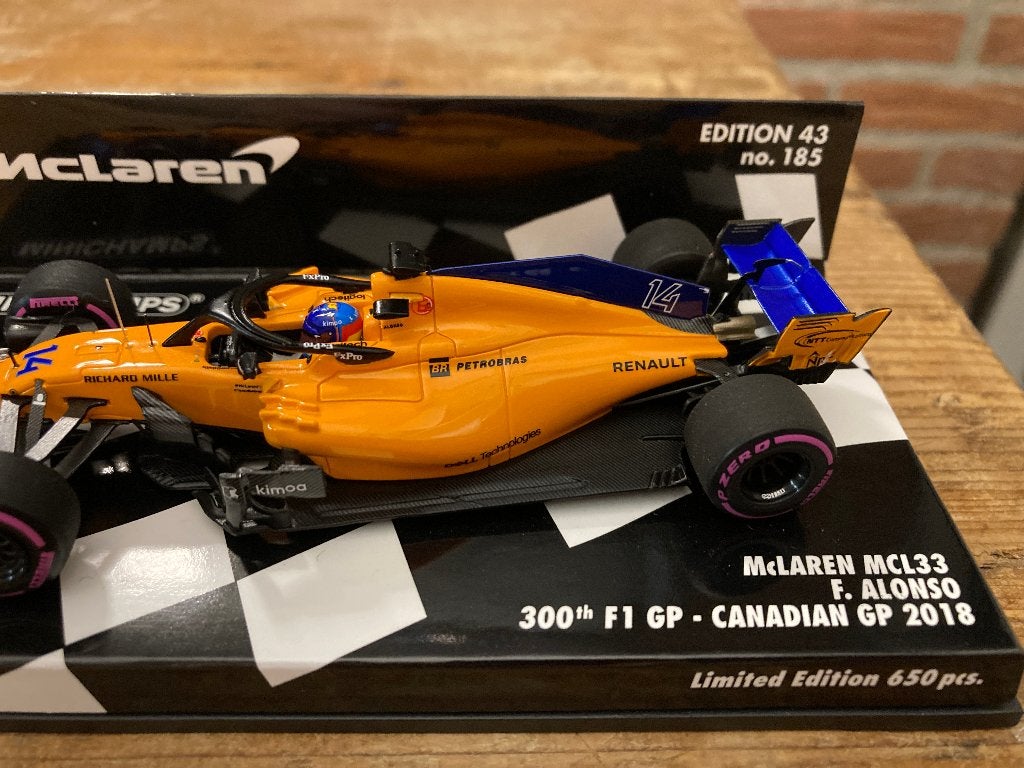 ✅ Fernando Alonso 1:43 300th F1 GP Canadian GP 2018 Mclaren, Ophalen of Verzenden, Nieuw, Formule 1
