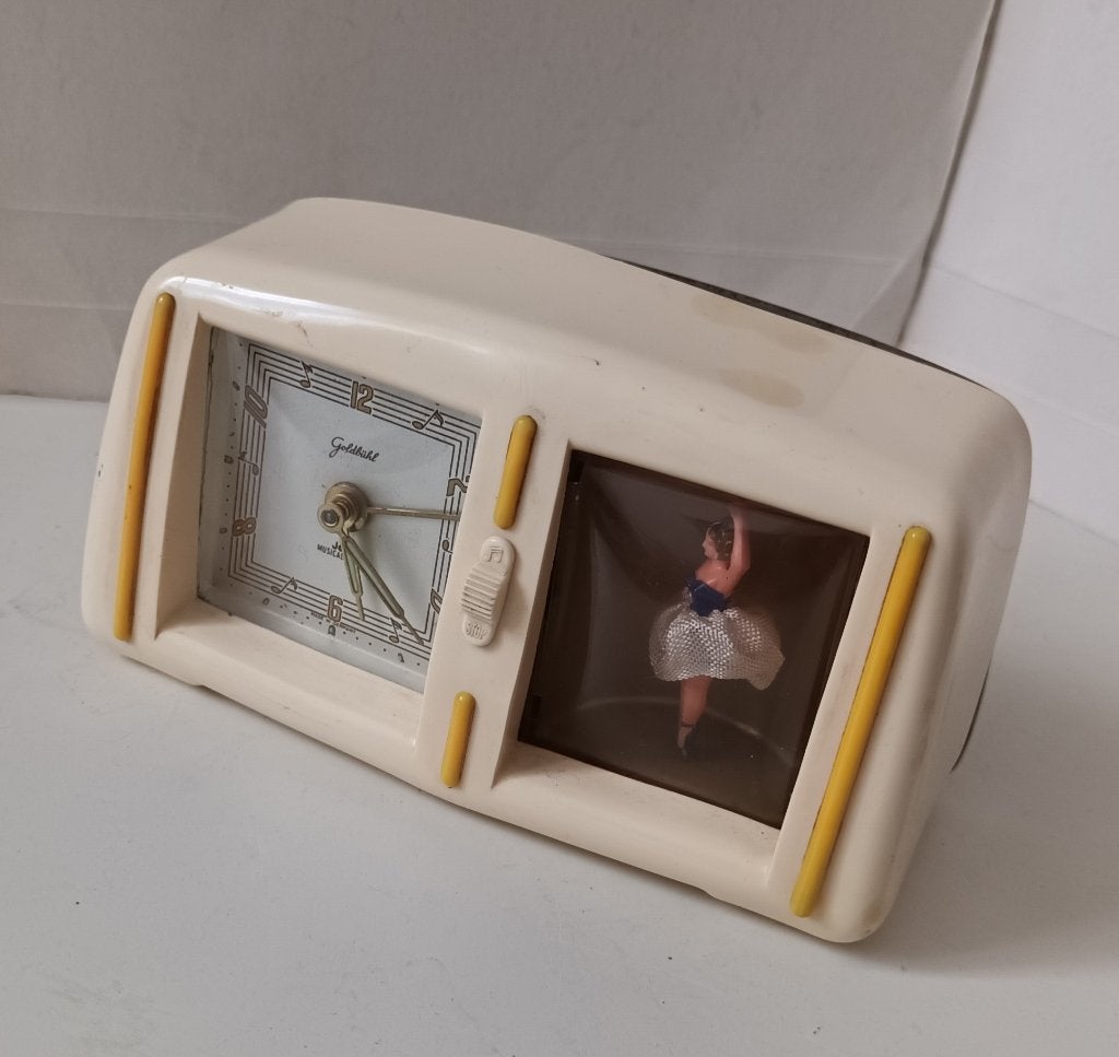 Antieke bakeliet wekker klok speeldoos dansende ballerina, Ophalen of Verzenden