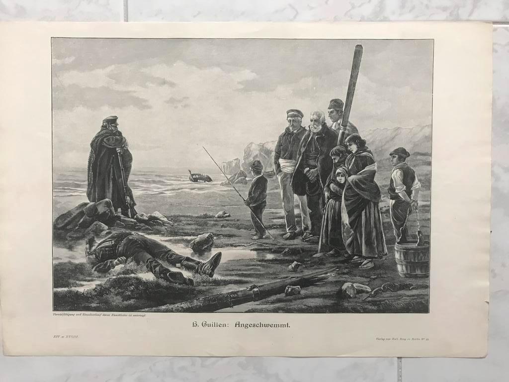 H. Guillen: Angeschwemmt, 1895, or. gravure, 32x23cm. Mooi!, Antiek en Kunst, Dagelijks leven, 1800 - 1899, Ophalen of Verzenden