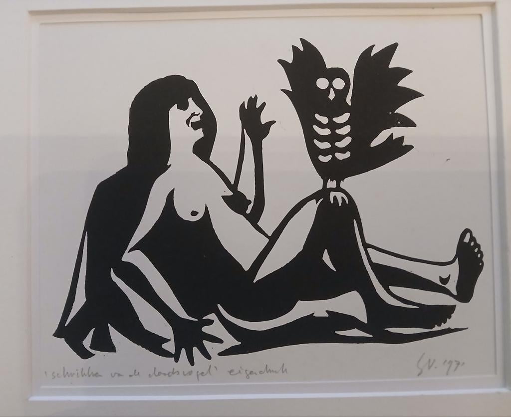 Linoleumsnede van blote vrouw met vogel, gesigneerd., Antiek en Kunst, Ophalen of Verzenden