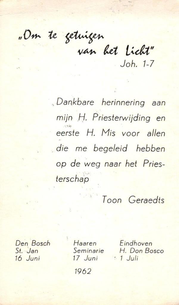 Geraedts Toon 1962 Haaren-Eindhoven Don Bosco, Ophalen of Verzenden