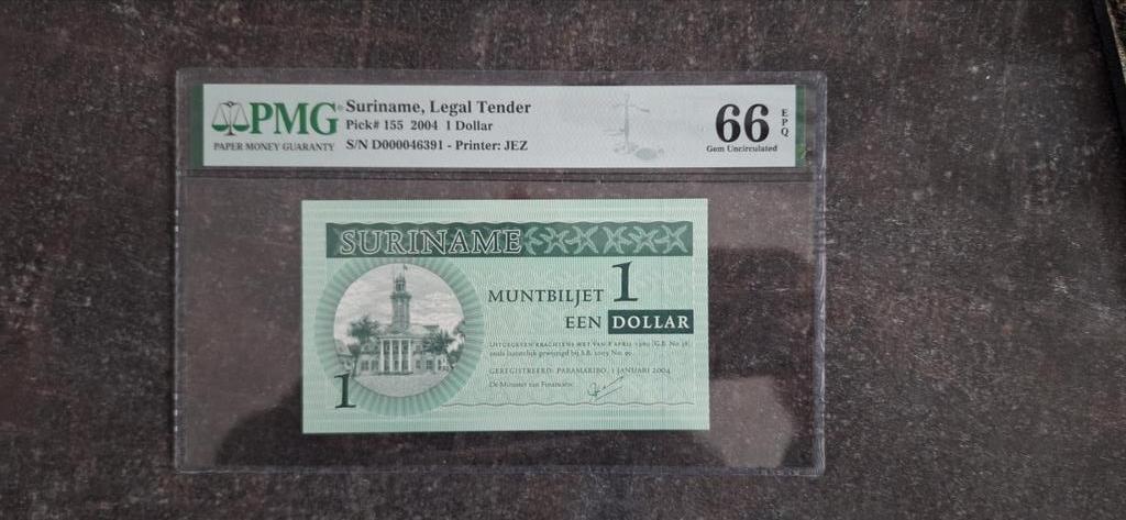 Suriname 1 dollar 2004 PMG 66, Ophalen of Verzenden