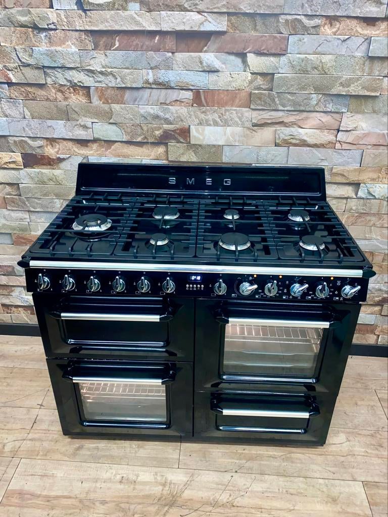 Luxe Smeg 7 pits zwart hoogglans met 3 ovens 110 cm, Witgoed en Apparatuur, Fornuizen, Zo goed als nieuw, Vrijstaand, Gas, 5 kookzones of meer