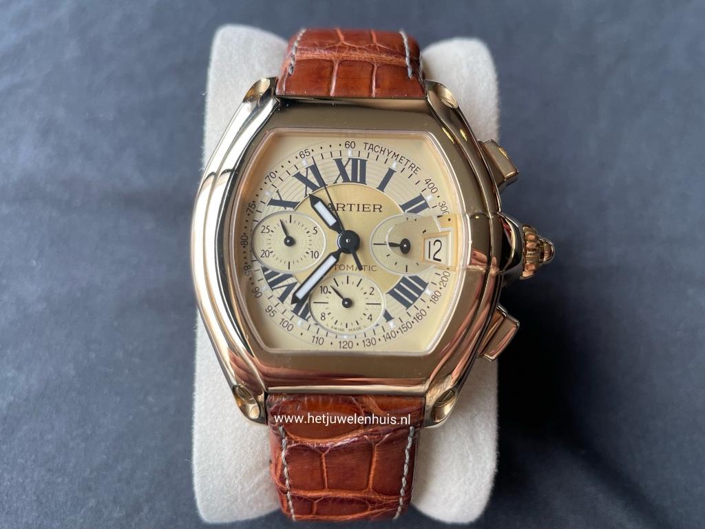 Cartier Roadster Chrono Large 18kt. goud W62008Y3, Leer, Polshorloge, Zo goed als nieuw, Goud