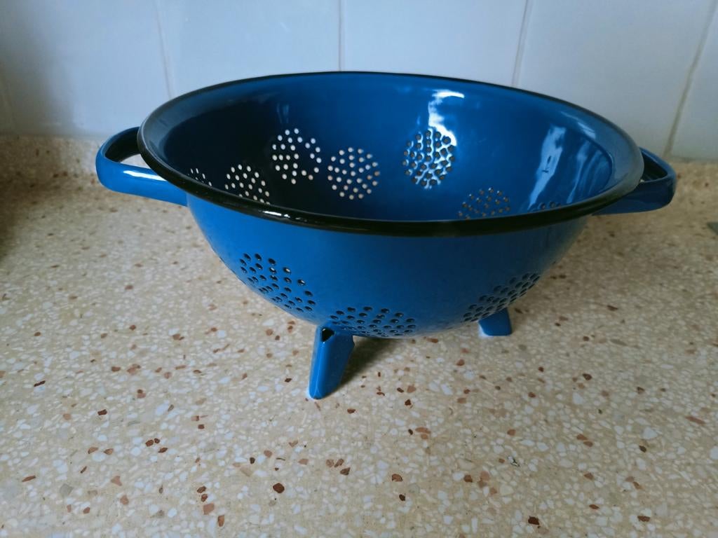 Prijs verlaagd: Blauw geëmailleerd vergiet - Vintage, Ophalen of Verzenden