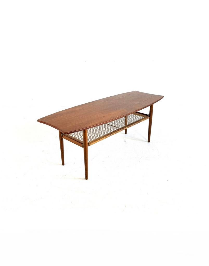 Vintage Deense salontafel teak & webbing, Jason Ringsted ‘50, 100 tot 150 cm, Zo goed als nieuw, Overige materialen, Rechthoekig