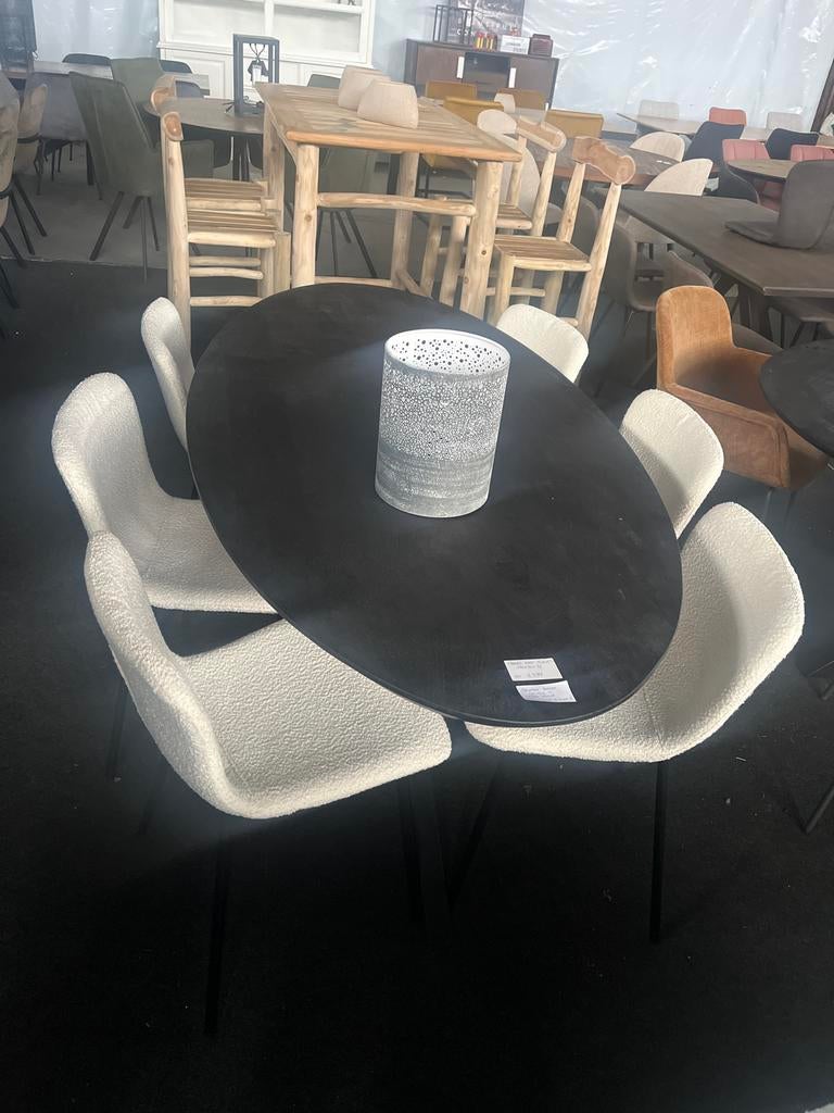 Mangohouten eettafel met 6 crème stoelen - Nieuw!, Ophalen, Nieuw, 6 tot 8 stoelen