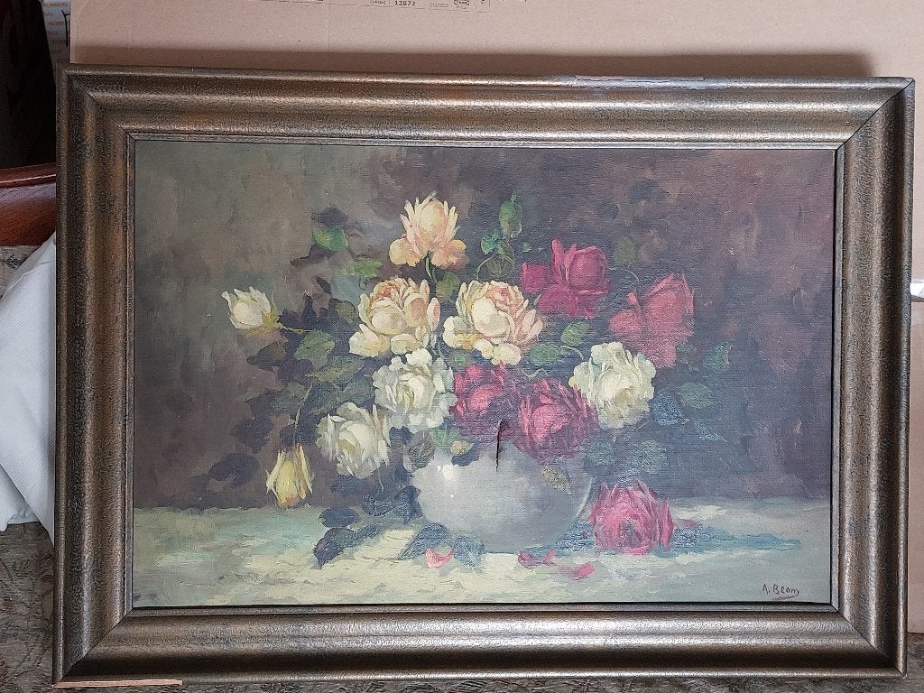 Schilderij met rozen van A. Blom, Antiek en Kunst, Ophalen, Doek, Stilleven, Gesigneerd