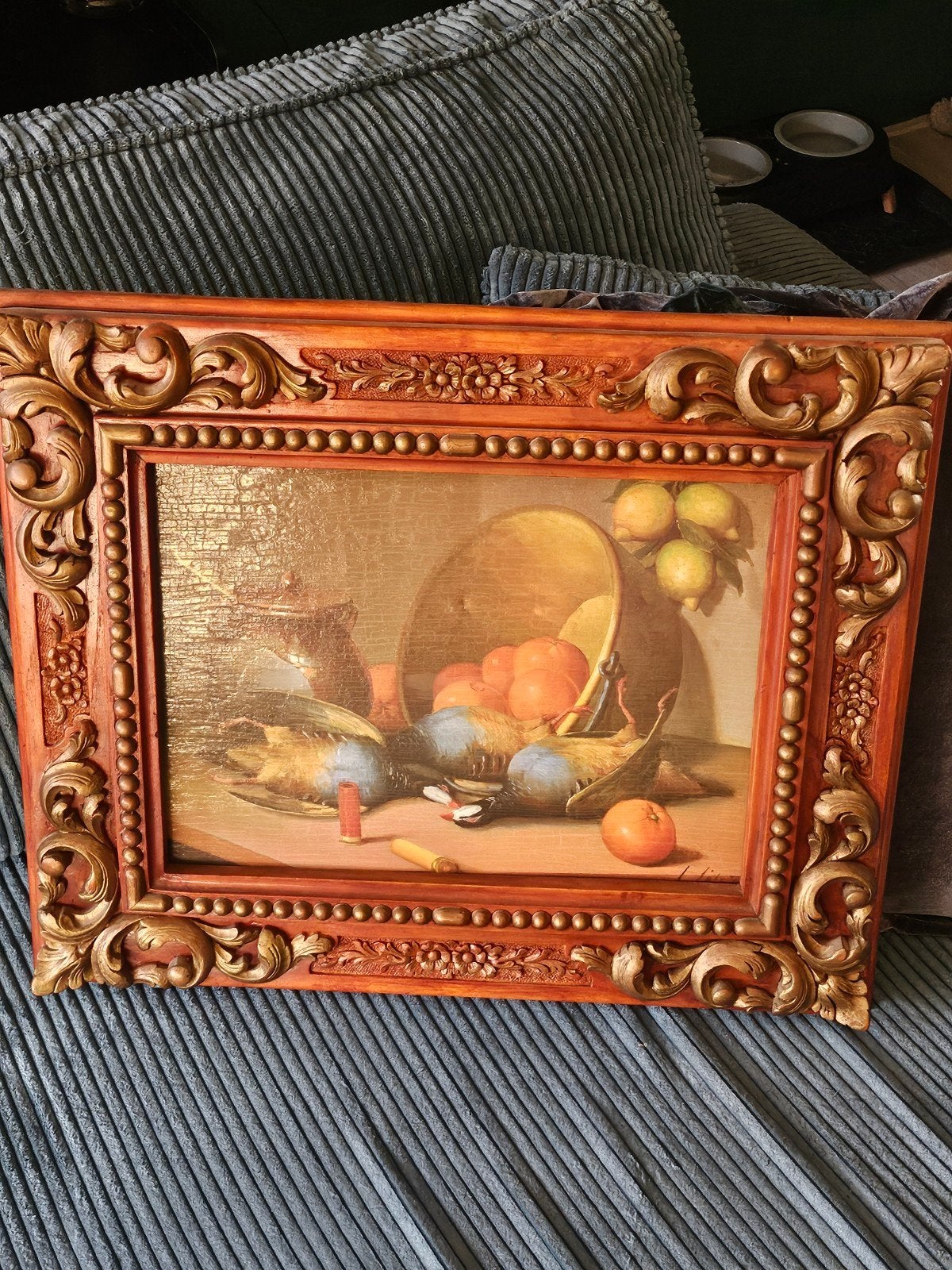 Klassiek stilleven met wild en fruit, olieverf op paneel, Paneel, Stilleven, Ophalen of Verzenden, Klassiek