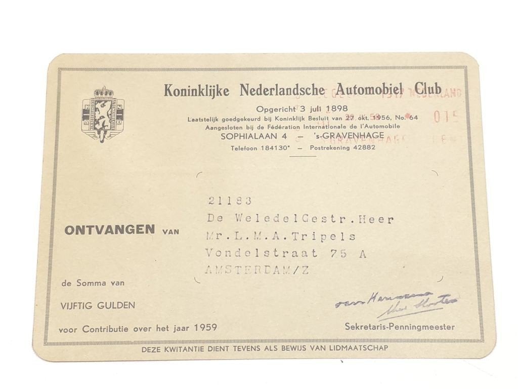 KNAC Kwitantie 1959 — Lidmaatschapsbewijs Automobilia, Boeken, Ophalen of Verzenden, Gelezen, Overige merken