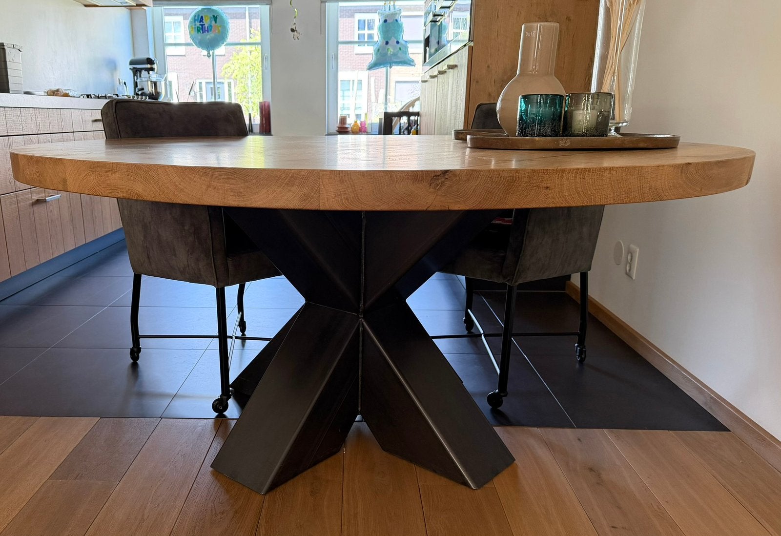 Ronde massief eiken eettafel (Zwaartafelen) Ø 165cm, Ophalen, 150 tot 200 cm, Rond, Zo goed als nieuw