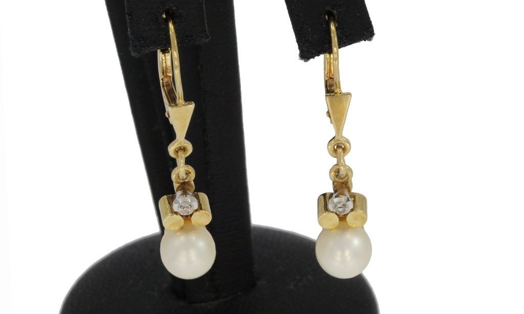 Diamanten parel 14k gouden fraai set oorbellen dames, Hangers, Voordeelsieraden, Ophalen of Verzenden, Zo goed als nieuw