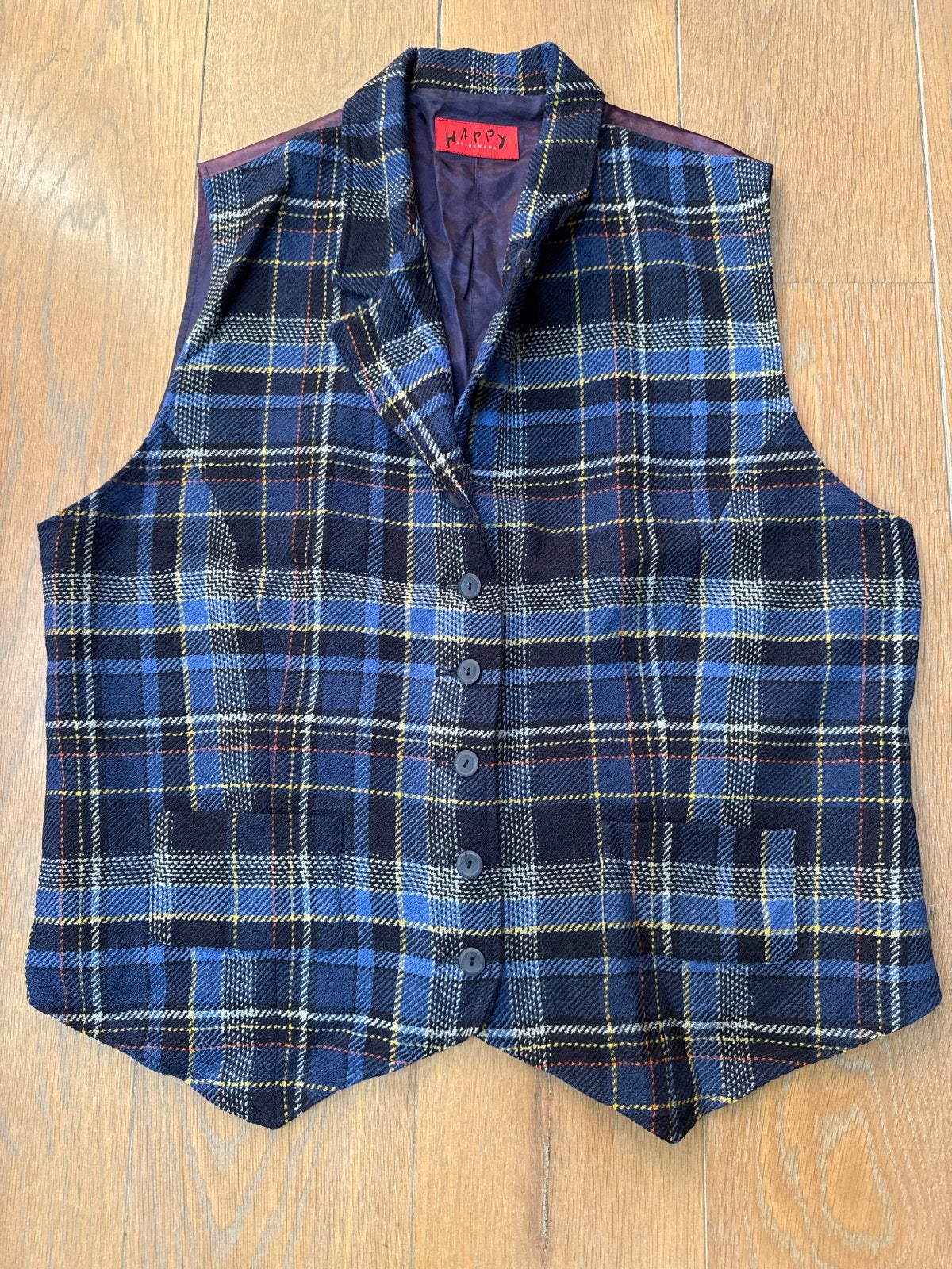 Happy geruit vestje / gilet - Blauw met geel en rood, Blauw, Maat 46/48 (XL) of groter, Ophalen of Verzenden, Zo goed als nieuw