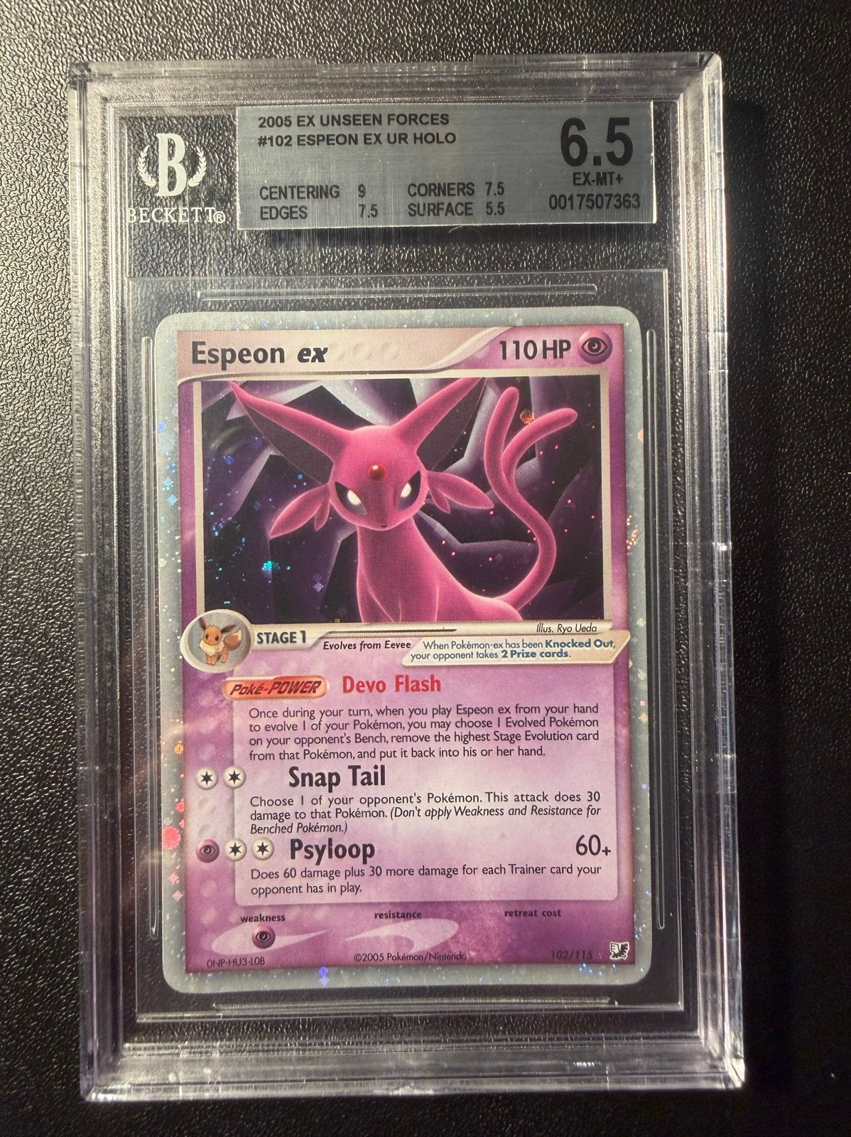 Espeon ex BGS 6.5 - 2005 EX Unseen Forces #102 Holo, Hobby en Vrije tijd, Verzamelkaartspellen | Pokémon, Ophalen of Verzenden