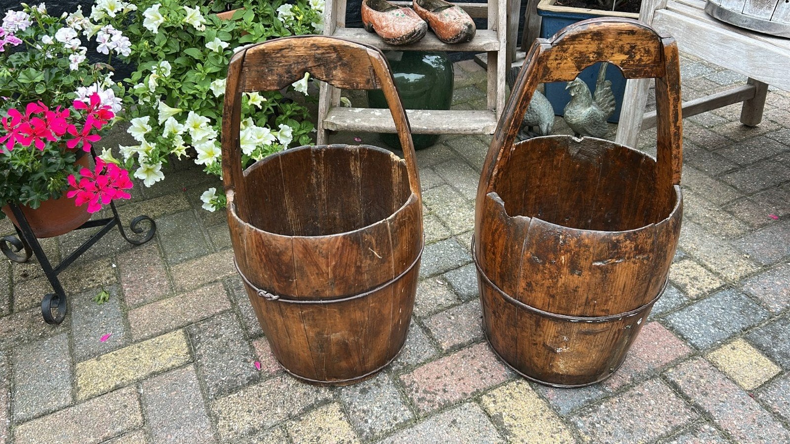 Twee antieke plantenbakken, Tuin en Terras, Ophalen, Gebruikt, Minder dan 30 cm, Rond